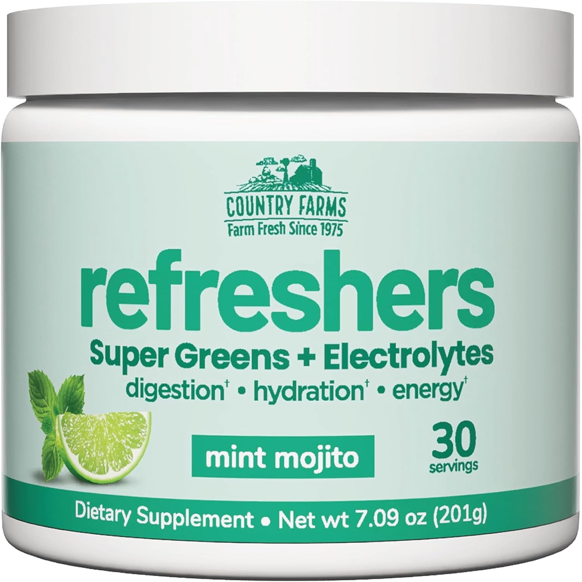 Country Farms Refreshers, Hydration Booster, Electrolytes, Super Greens, Superfoods, Energizing, Digestion, Minerals, Mint Mojito flavor, 7.09 oz, 30 Servings