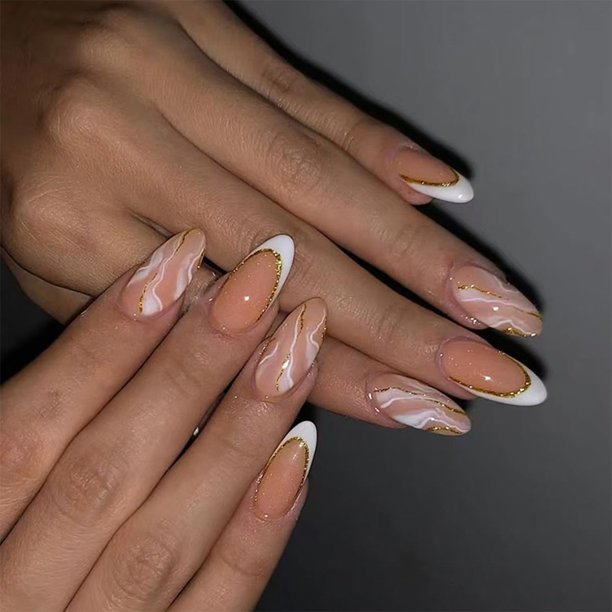 Uñas postizas press on geyakal almendradas naranja con punta francesa, 24 piezas