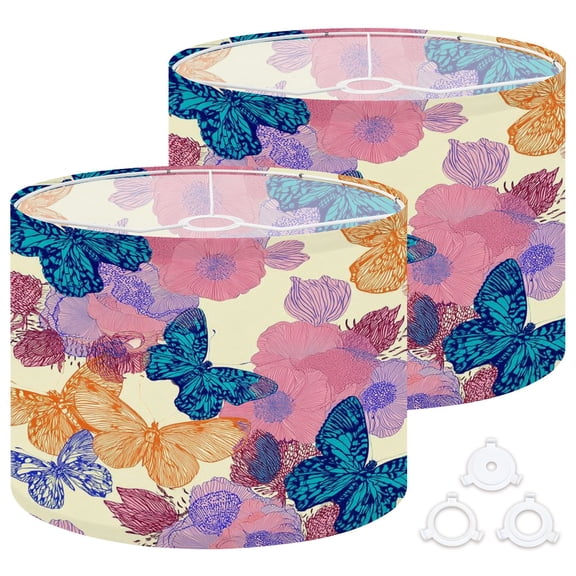 Lamp Shades Set of 2 Easy Assembly decorative colorful butterflies hand drawing Drum Lampshades for Table Lamps Floor Lamps Pendant Light 13"x13"x10" Replacement Lamp Shade