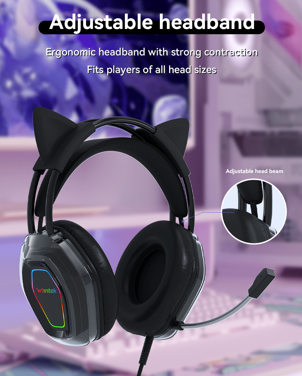 Wantek V10 Cat Ear Style Gaming Headset with comfortable fit and vibrant RGB lighting, Hi-Fi Sound - Black
