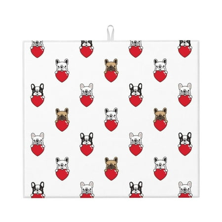 

Dish Drying Mats for Kitchen Counter - Cute French Bulldog Love 16x18In Anti-Slip Absorbent Microfiber Drying Mat for Kitchen Counter Mat Dish Rack Mat with Hanging Loop