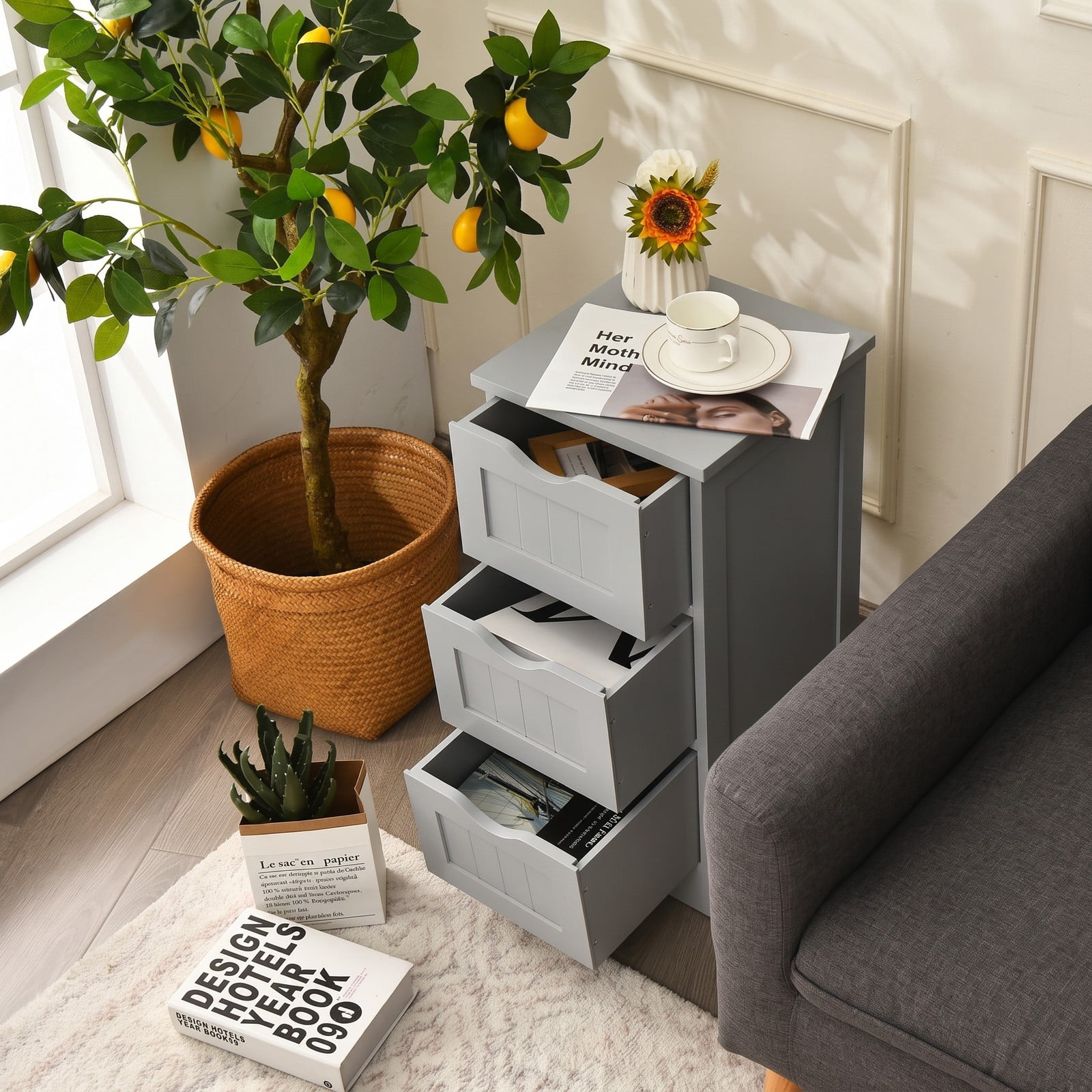 Fenbeli Freestanding Bathroom Floor Cabinet with 3 Drawers, Slim MDF Storage Organizer Tower for Small Bathroom, Bedroom, Entryway, Space-Saving Side End Table, Gray