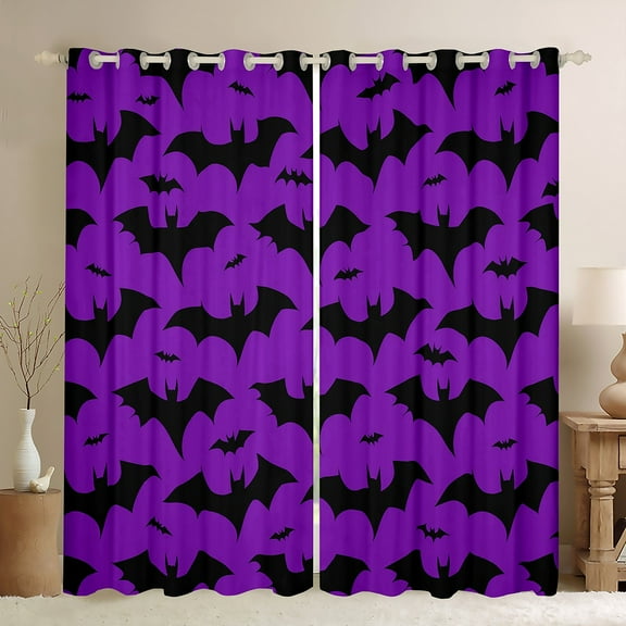 jejeloiu Bat Blackout Curtains,Purple Black Curtains Pack of 2 (38x45 Each),Halloween Theme Window Curtains For Teens Boys,Super Cozy Room Decor