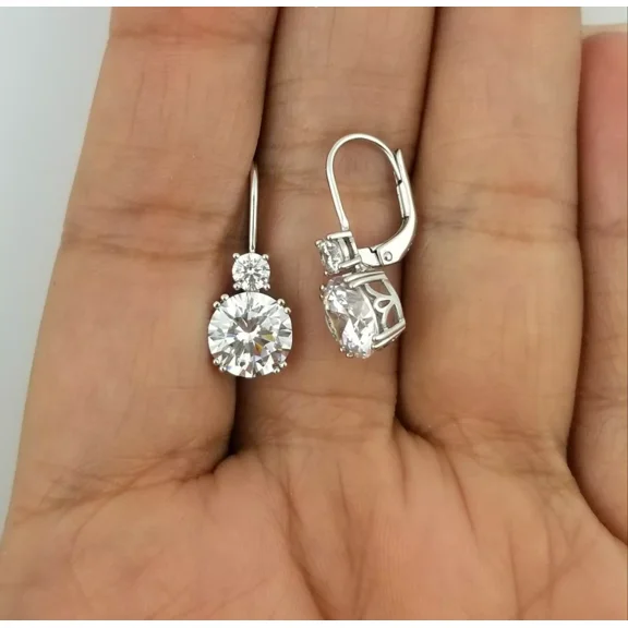 2Ct Round Cut Real Moissanite Drop Leverback Earrings 14K White Gold Plated