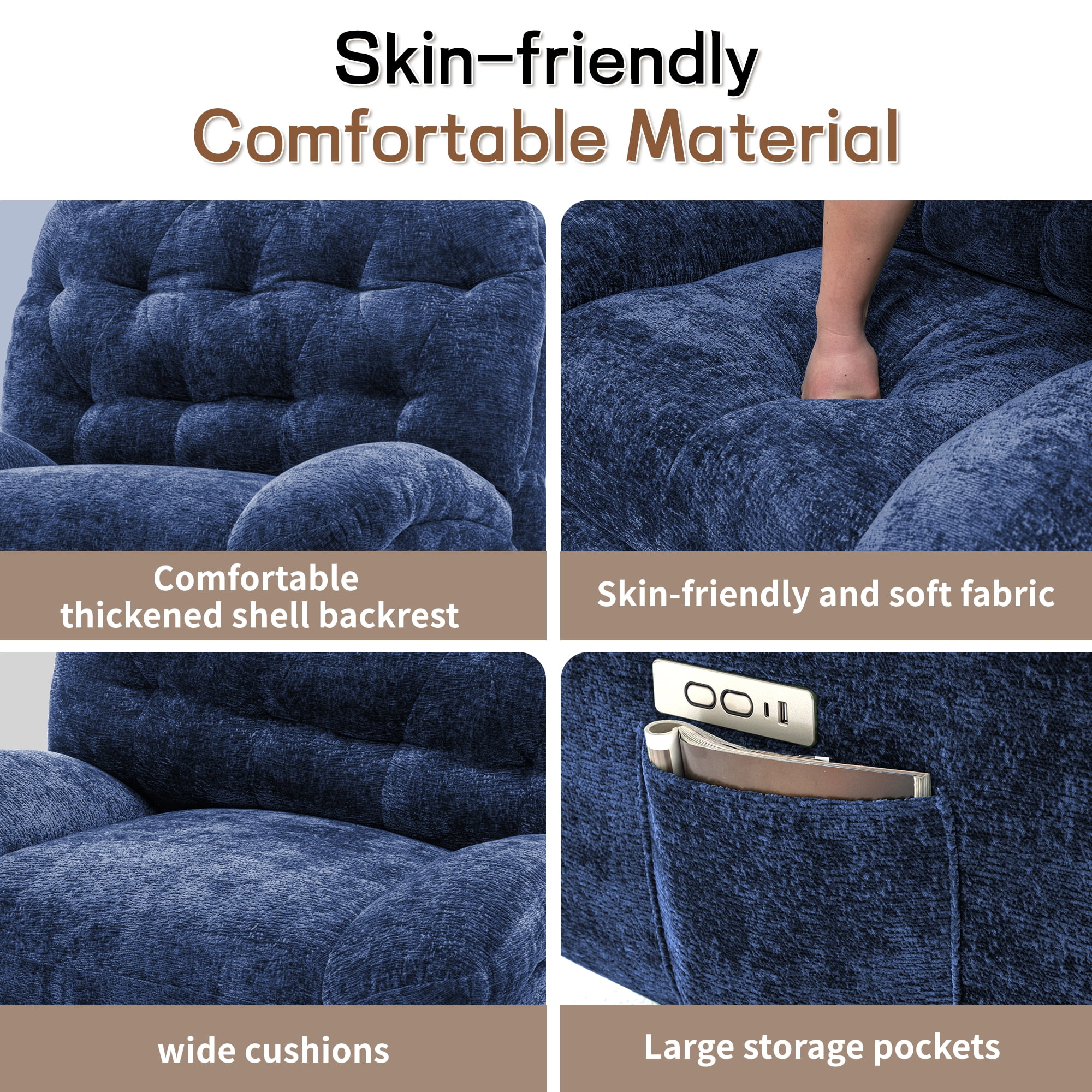 Korser Power Swivel Rocker Recliner Chair with USB Ports Chenille for Living Room,Blue