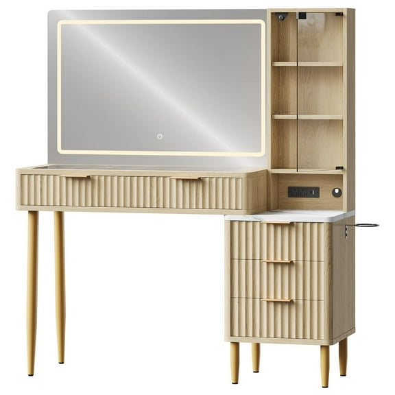 Ataucjin Fluted Makeup Vanity Desk with 36" HD Lighted Mirror, 48" Big Modern Vanity Desk with Mirror and Lights, Dressing Table with 5 Drawers & Shelves, Glass Top for Bedroom