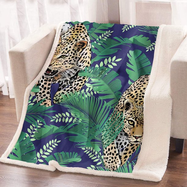 HTOOQ Tropical Animals Throw Blanket Leopards Palm Leaves Sherpa Bed