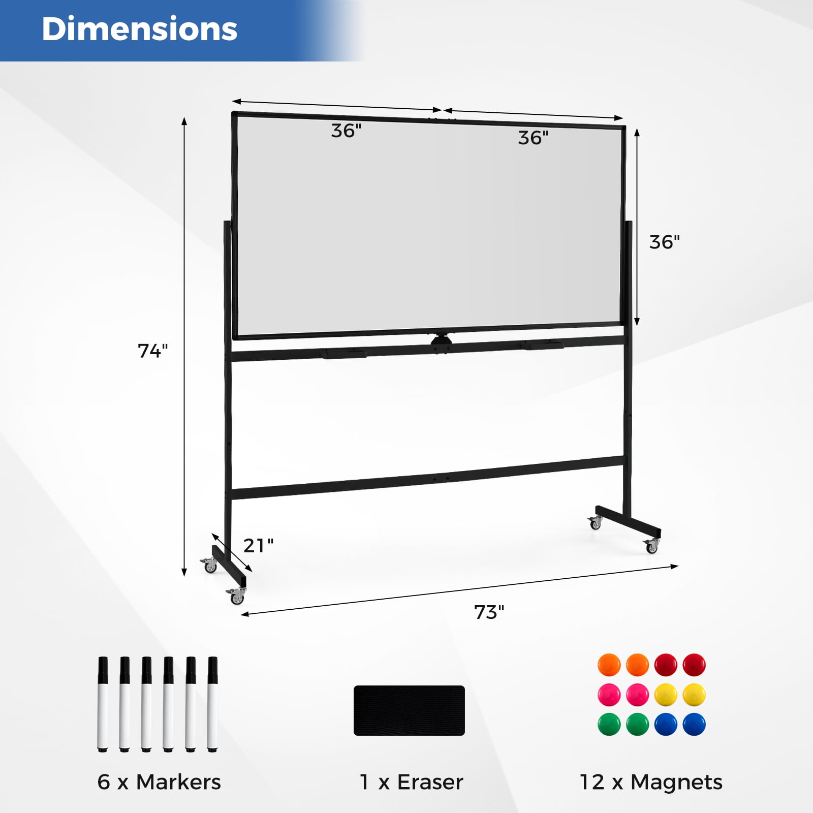 Costway 72" x 36" Double-Sided Magnetic Whiteboard with Stand and Aluminum Alloy Frame Black