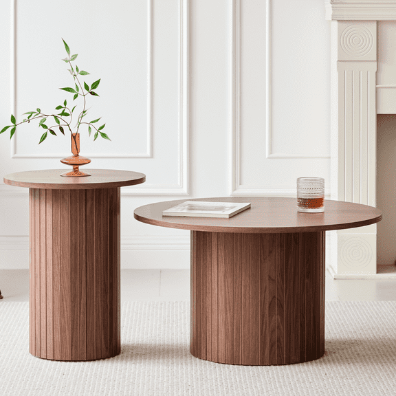 2 Piece Round Nesting Coffee Tables Set-φ27.6   φ15.8 Small Boho Circle Wood Side End Tables Set with Fluted Drum Design for Living Room Bedroom Apartment, Brown