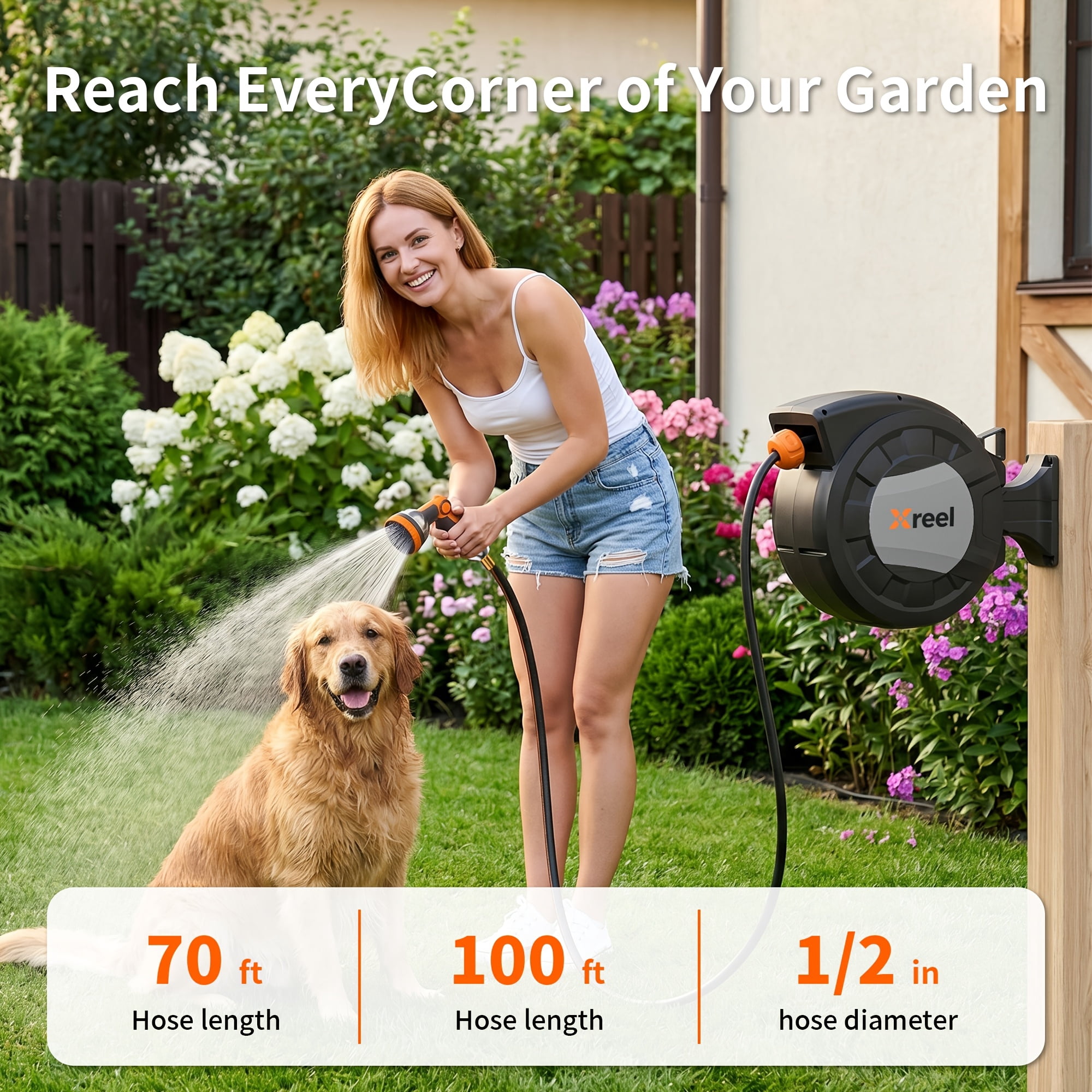 Retractable Garden Hose Reel With Wall Mount 1/2"x70FT,With 10 Pattern HoseNozzle, Brass Connector, Auto Rewind/Any Length Lock/ 180° Swivel Bracket, Ideal For GardenWatering