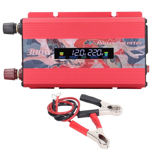 Inversor de corriente para coche 300 W CC a CA 220 V Convertidor solar de onda sinusoidal 2,0 A Pantalla LCD USB para carga CC roja 12 V