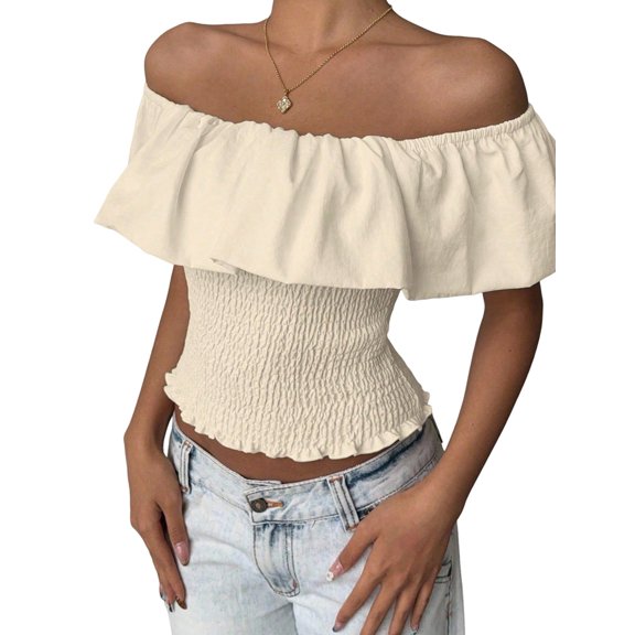 Women'S Off the Shoulder Blouse Ruffle Short Sleeve Smocked Going Out Crop Tops XS