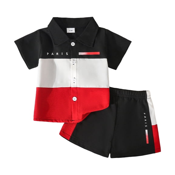 felwors Toddler Boy Patchwork Summer Outfits Short Sleeve Button Down Shirt Tops & Casual Shorts Sets Baby 9M 12M 18M 2T 3T Clothes (12-18 Months)