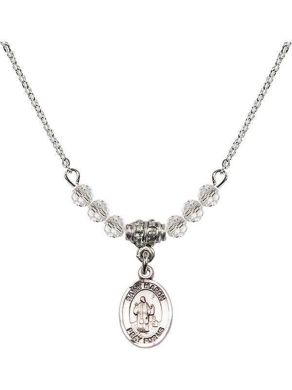18-Inch Rhodium Plated Necklace with 4mm Aqua Birthstone Beads and Sterling Silver Saint Maron Charm.