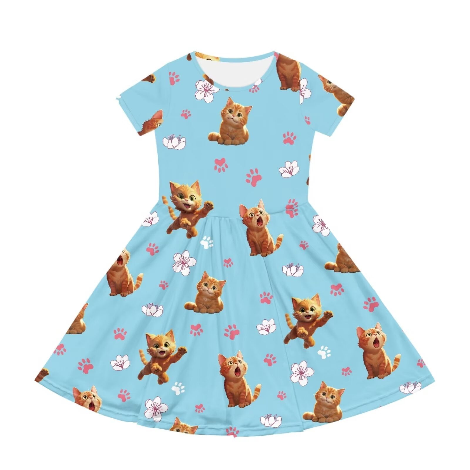 Uourmeti Cats Short Sleeve Swing Dress for Teen Girls Summer Cute Crewneck Knee Length Dresses Lightweight Soft Wedding Party Dress with Pockets