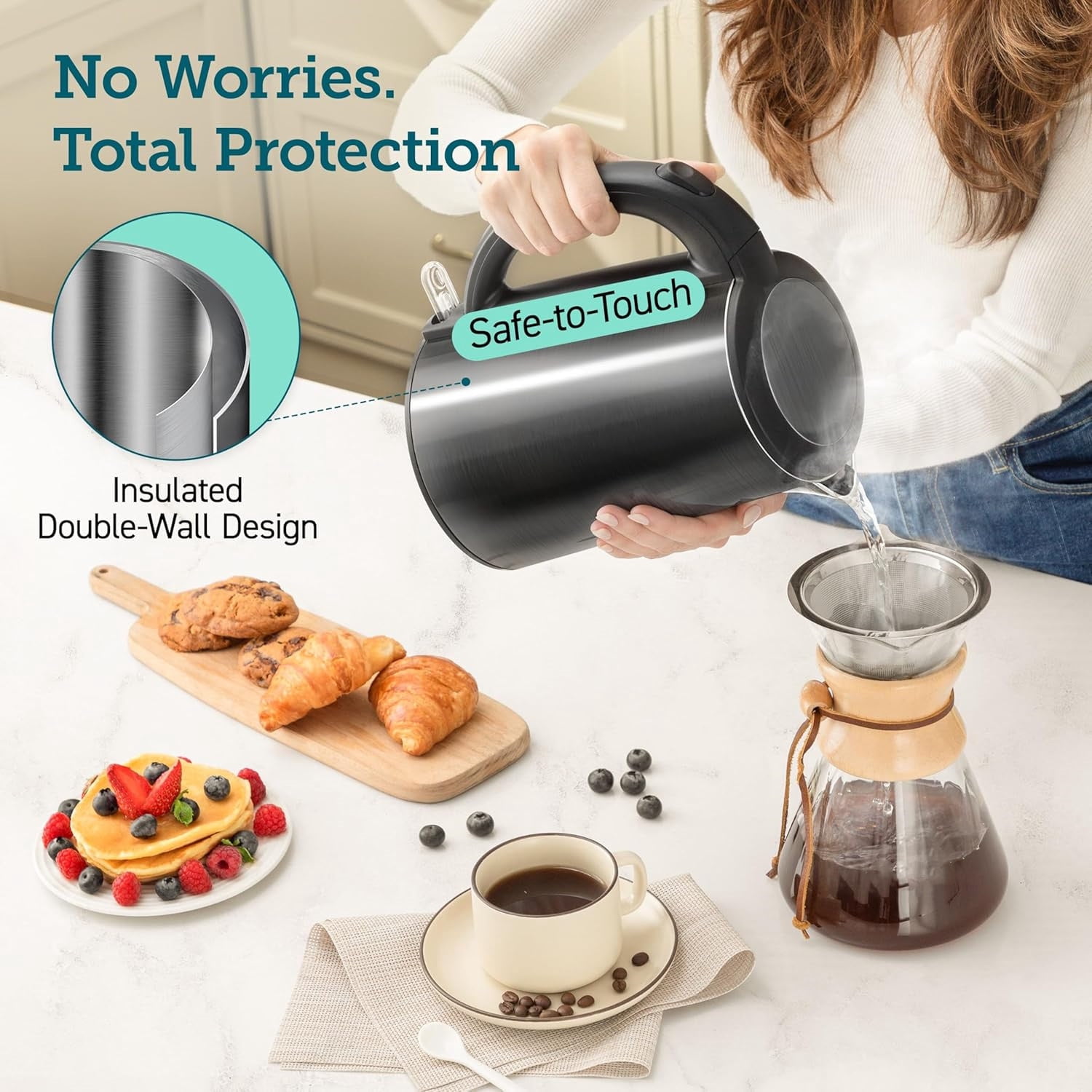 Electric Kettle, Cool-Touch Double Wall Stainless Steel Insulated, Automatic Shut Off & Boil-Dry Protection, Durable Tea Kettle Boiler & Heater, 1.5L/1500W, Black