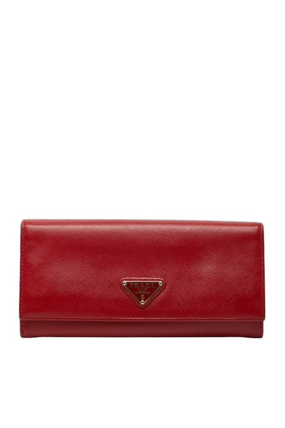 Pre-Owned Prada Triangle Logo Plate Long Wallet 1MH132 Red Saffiano Leather Women's PRADA