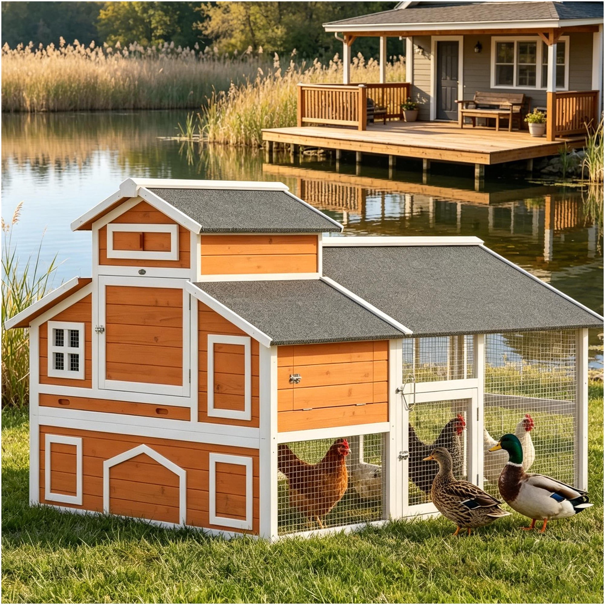 JERFIT Wooden Chicken Coop for Outdoor Backyard 2-Level Pet House with Nesting Boxes & Run Spacious Poultry Cage in Orange for Chickens Ducks Rabbits