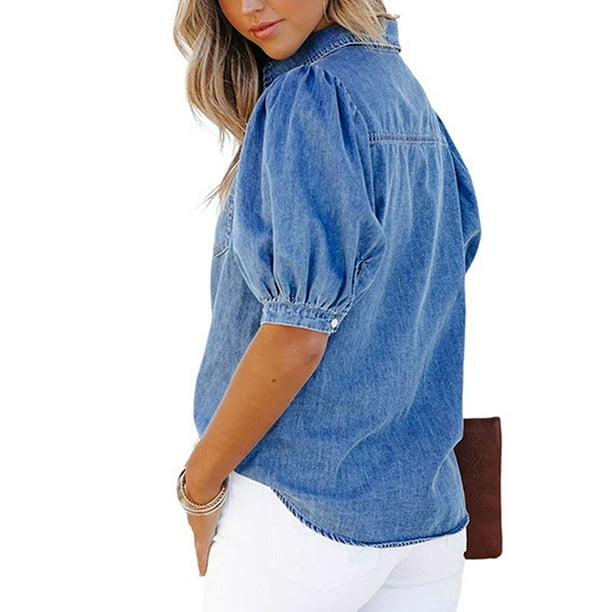 Aligament Shirts For Women Short Sleeve Denim Shirt Straight Pocket Loose  Top Puff Sleeves Top Size M 