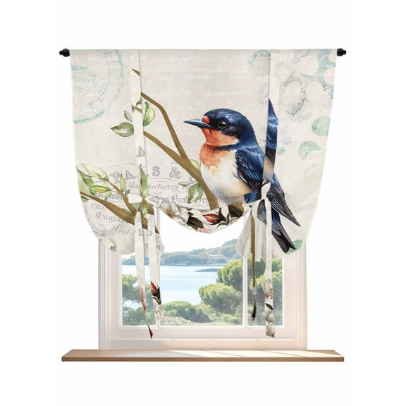 Spring Bird Branch Tie Up Curtains for Windows 45 Inch Length Balloon Curtains Kitchen Adjustable Balloon Window Shade Farmhouse Vintage Botanical Floral Tie Up Valance Bathroom Curtain 34"x45"