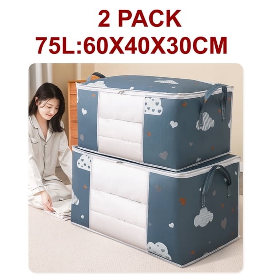 75L Storage Bags with Clear Window & Reinforced Handles, Foldable Closet Organizer for Clothes, Blankets & Comforters, 2 PACK-NAVY