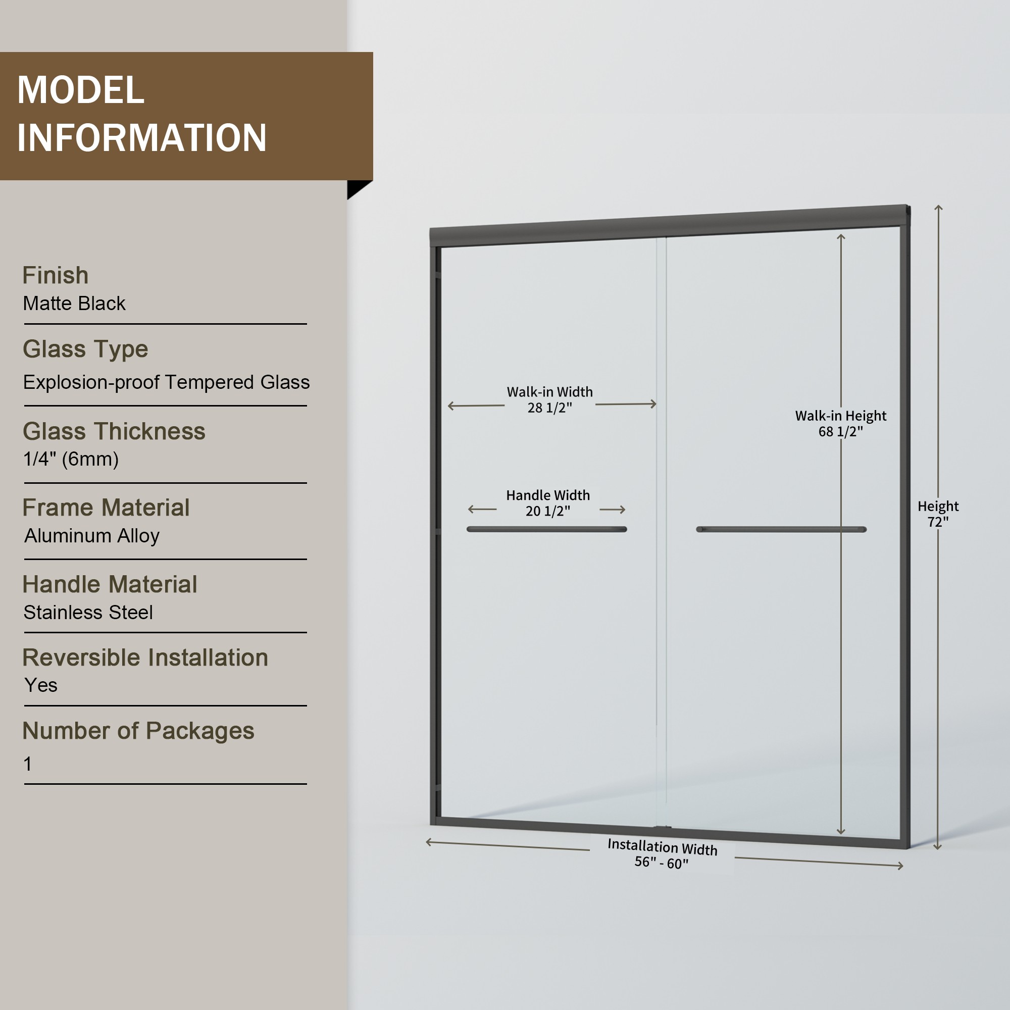 Aukfa Shower Doors, 56 - 60" W x 72" H Sliding Glass Shower Door, Matte Black Aluminum Frame, 1/4'' (6mm) High-Strength Tempered Glass for Walk-in Showers
