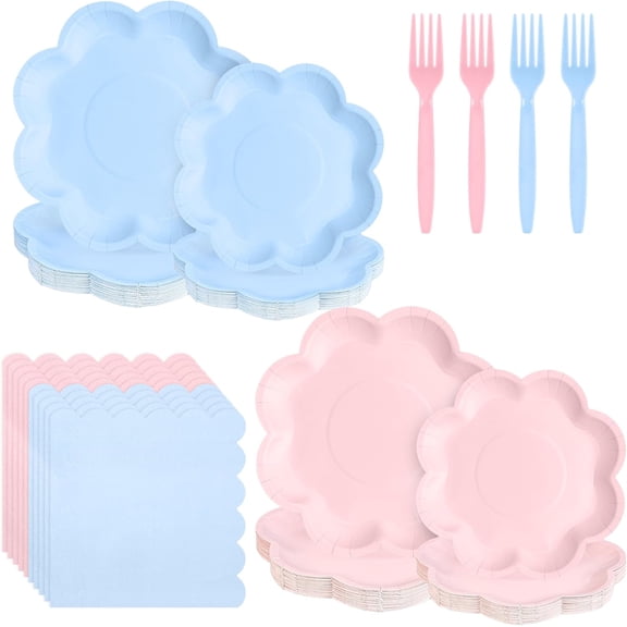 96pcs Gender Reveal Paper Plates and Napkins Tableware Set Serve for 24 Guest Including Blue and Pink Scalloped Disposable Dessert Paper Plates Napkins Forks for Baby Shower Wedding
