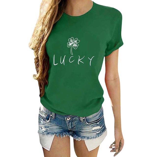 Innerwin Tee Manches Courtes Femmes Tops d'Été Travail Lettre de Chance Confortable T-Shirt Vert S