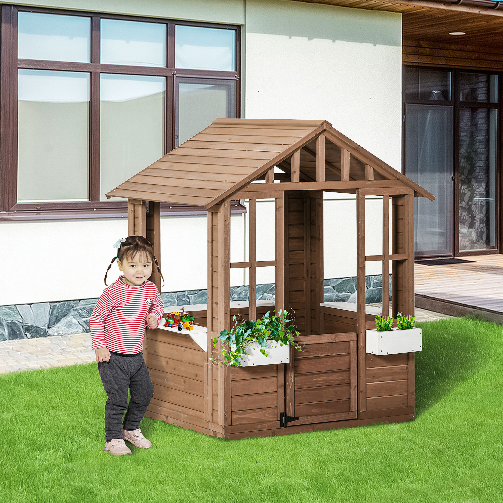 Baby Furniture, Kids Wooden Playhouse, Outdoor Garden Games Cottage, with Working Door, Windows, Flowers Pot Holder, 47" x 38" x 54", Brown Kids Furniture,Wood Kids Furniture