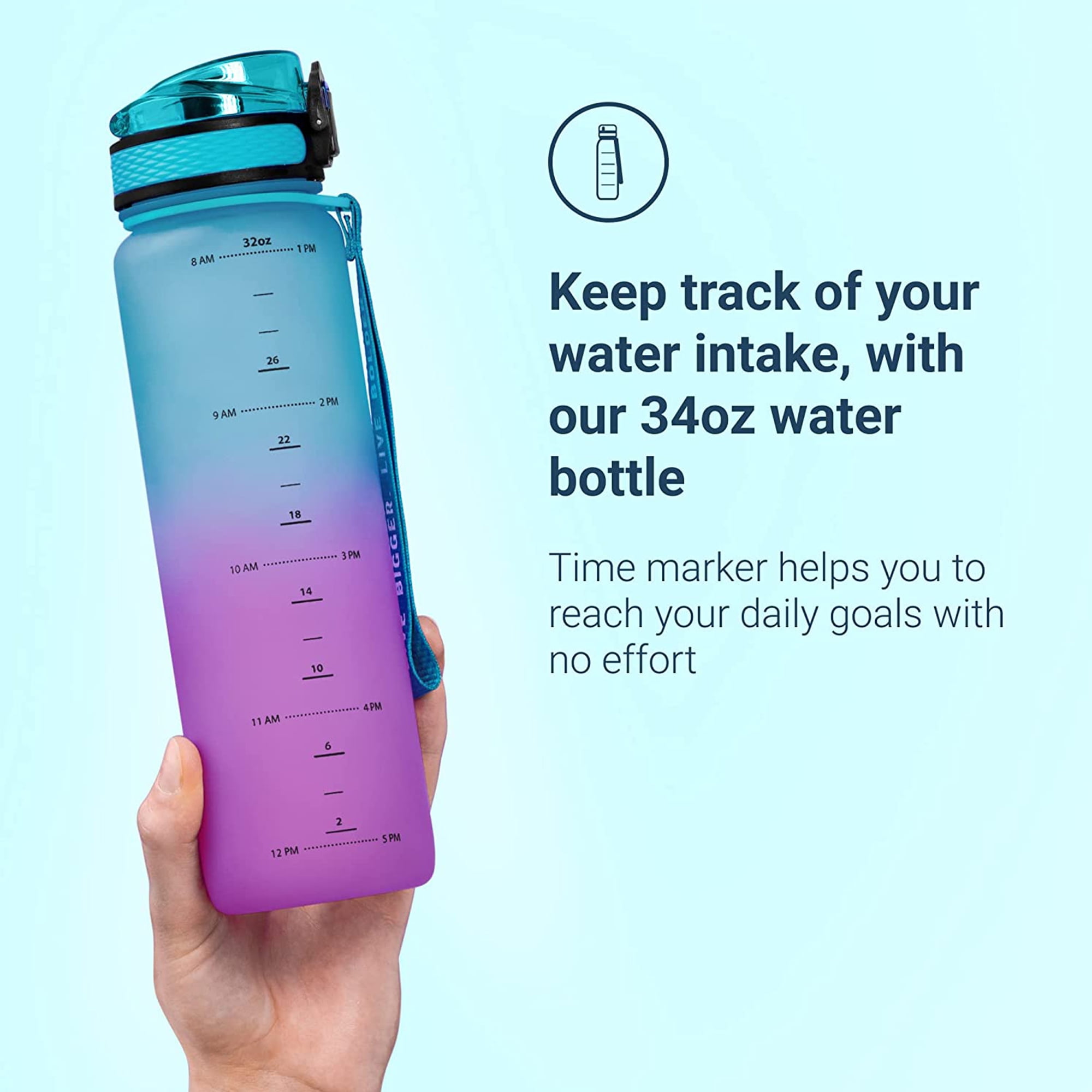 Live Infinitely Gym Water Bottle with Time Marker Fruit Infuser and Shaker 34 oz Lilac, Size: 34oz, Purple