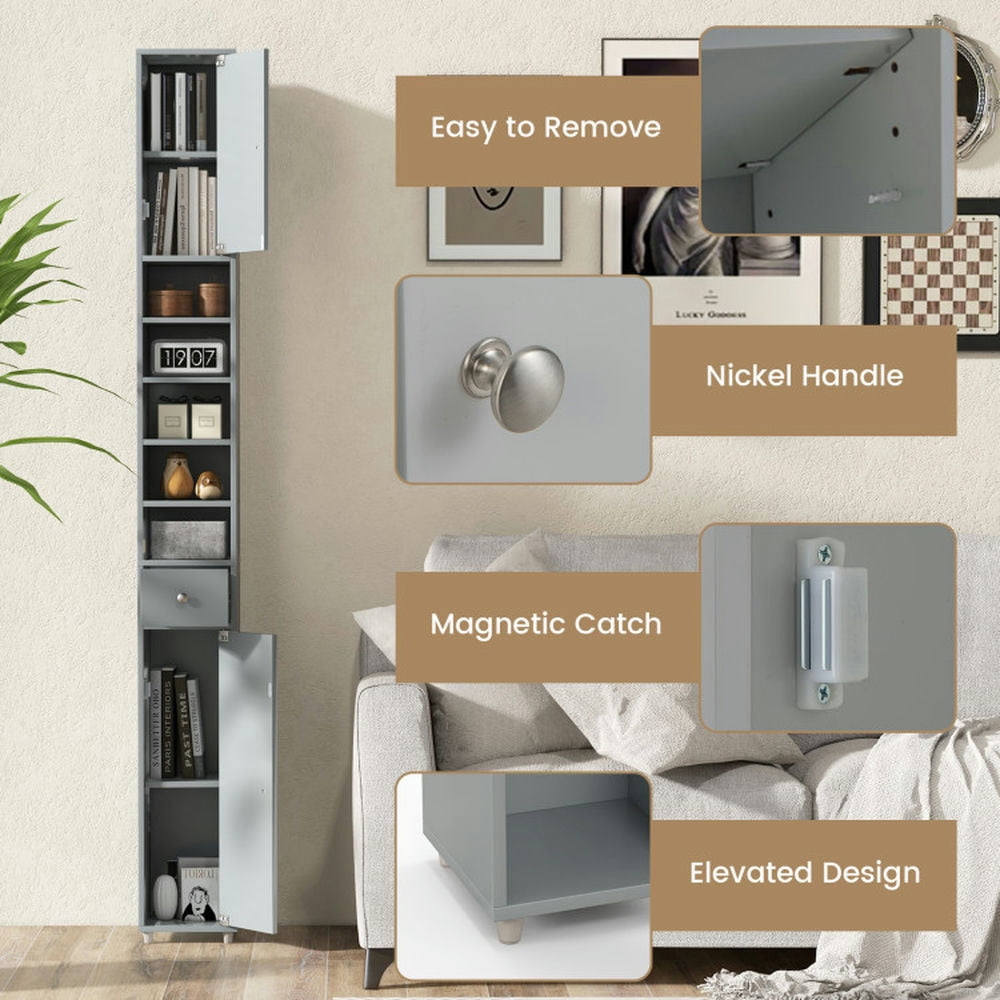 Finihen Bathroom Storage Cabinet, Bathroom Floor Cabinet, Freestanding Slim Bathroom Cabinet with Drawer and Adjustable Shelves, for Bathroom, Living Room, Bedroom, Kitchen, Gray