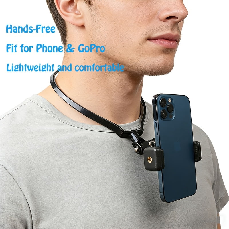 Hands-Free Wearable Neck Phone Holder Mount for Iphone 15 Pro Max, Samsung, Gopro - Universal Hanging Tripod with Selfie Stick Monopod