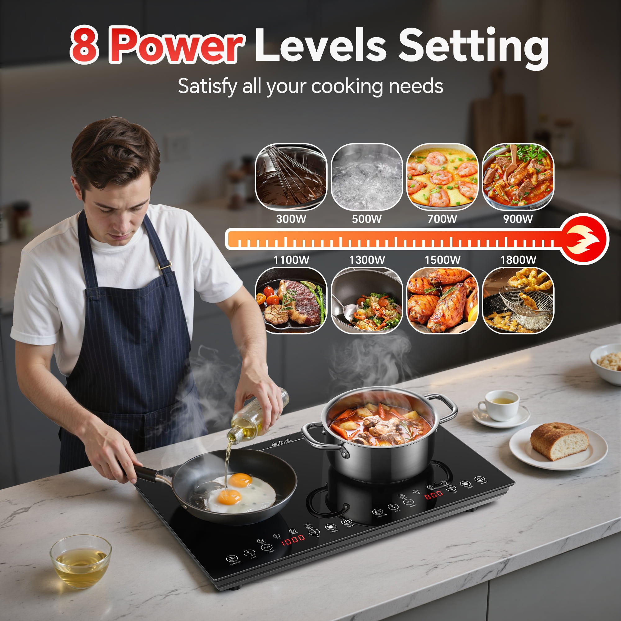 Amzgachfktch 1800W Double Induction Cooktop with 4 Presets & Touch Control in Black