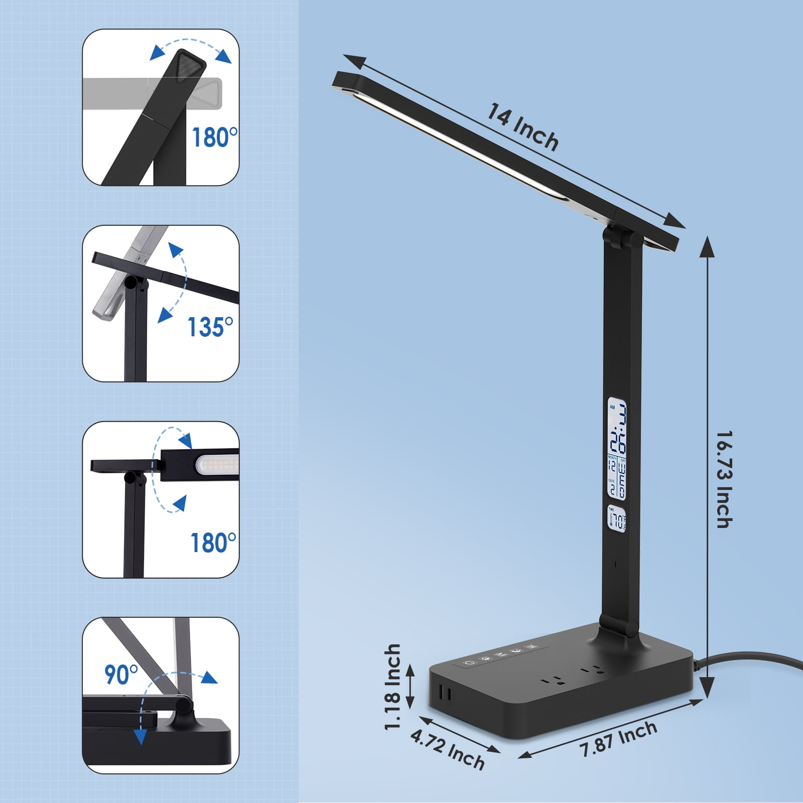 Lococo Desk Lamp with USB Charging Port: LED Eye-Caring Smart Table Light for Home Office - 1 Type-C, 1 USB-A Charging Port, 2 AC Power Outlets
