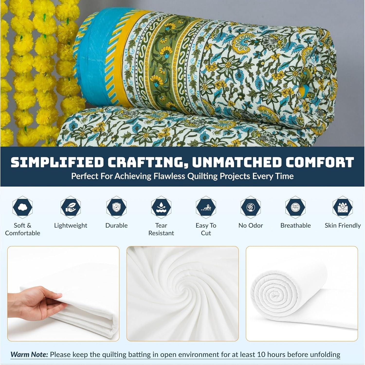 100% Cotton Batting for Crafts - 120" x 124" - Cotton Batting for Quilting w/Scrim Layer - Cotton Fabric - Quilting Fabric for Quilt DIY Projects, Blankets, Sofa Cushions, Pillows, Crafts, etc…