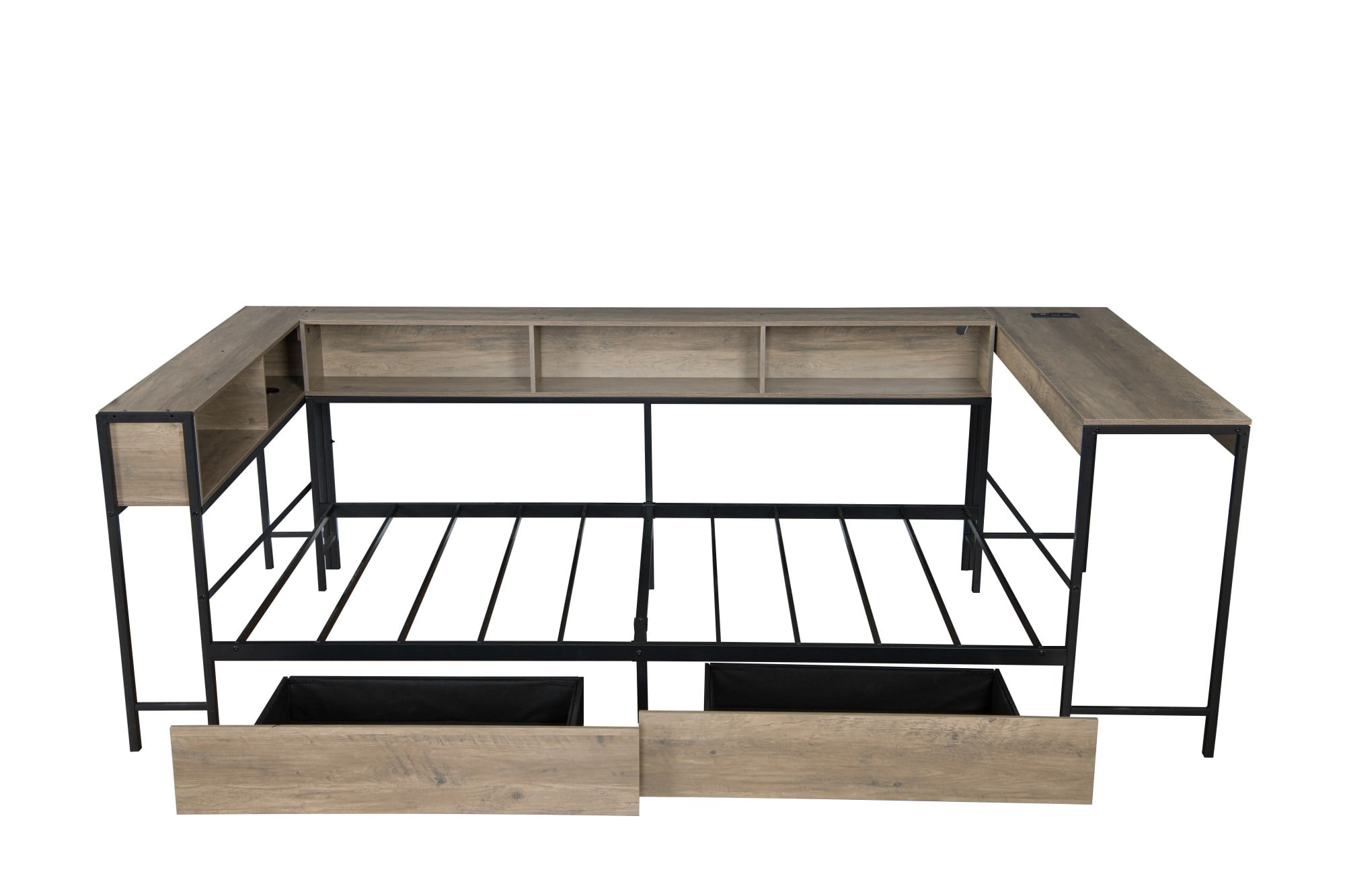 AENKYO Queen Size Corner Daybed with Desk & Storage Headboard, LED Lights, Power Outlets & Drawers, Gray