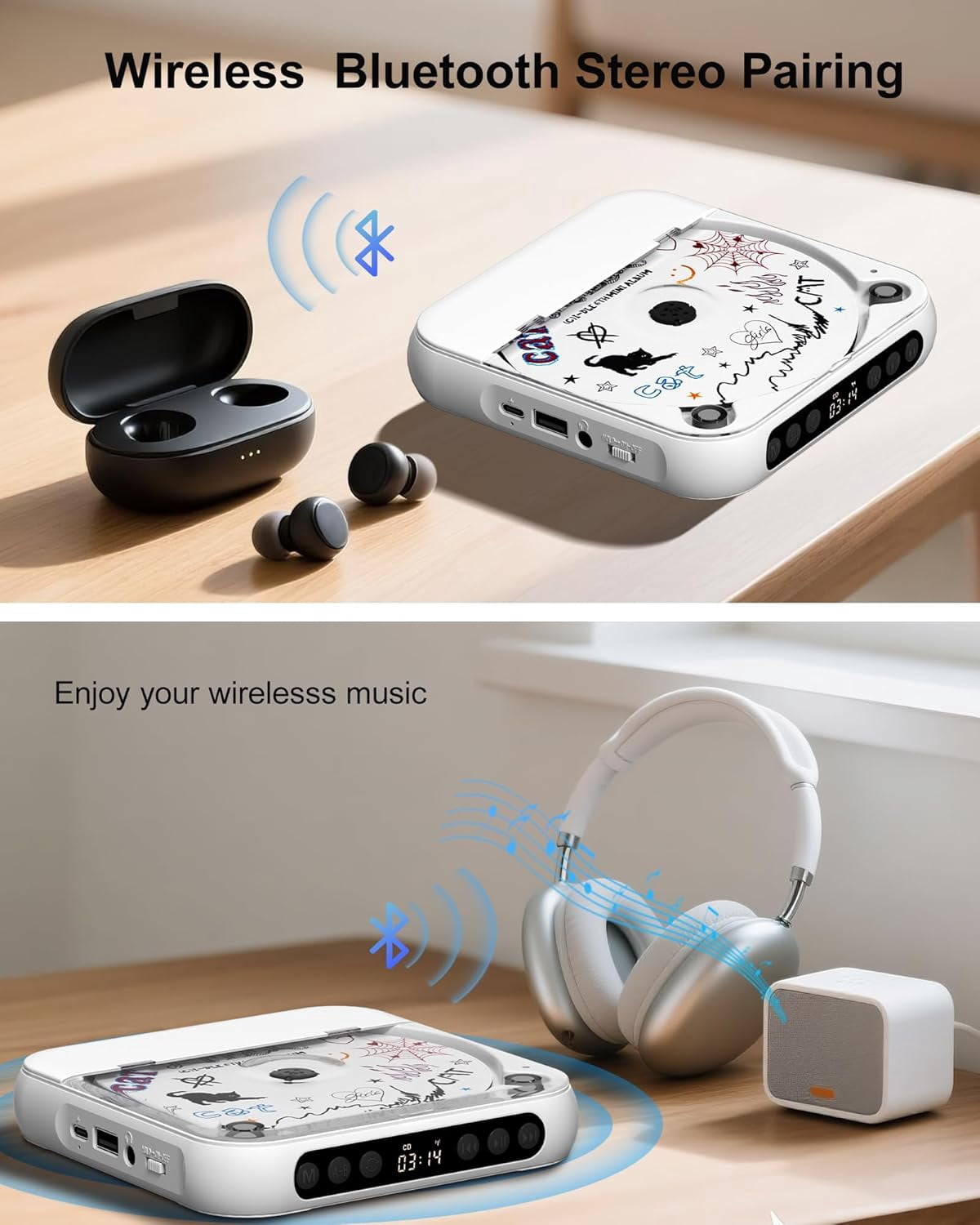 otnbgsr Portable CD Player Bluetooth 2026 Upgrade Rechargeable Music Player Dual Speakers LCD Display Support CD USB AUX MP3 with Headphones