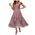 thumbnail image 1 of GYUJNB Robes d'Été pour Femmes 2024 Invité de Mariage Manches Courtes à Volants Col en V Taille Élastique Smockée Robe Midi à Fleurs, 1 of 5