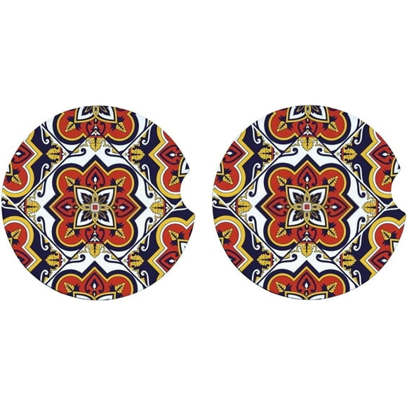 Car Coasters for Cup Holder 2 Pack Absorbent Ceramic Stone Ethnic Folk Vintage Orange Women Men Drinks 2.56 inch Cork Base Auto Cupholder Accessories Finger Notch for Easy Removal