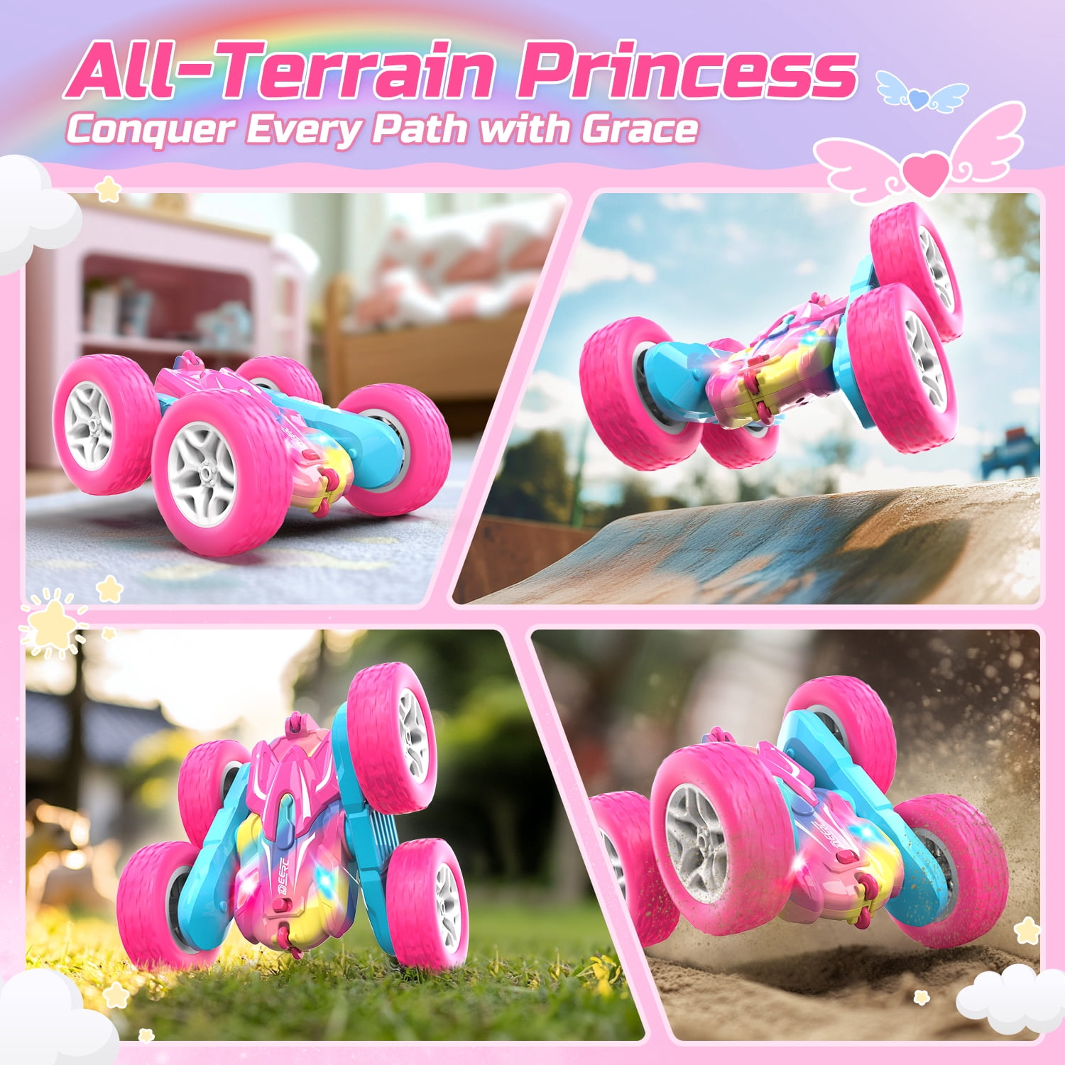 DEERC Rainbow Edition Remote Control Car for Girls, 2.4GHz Double Sided RC Car with 360° Rotation, LED Headlights, All Terrain Off-Road Stunt RC Truck, Birthday Gifts for Girls Aged 6-8
