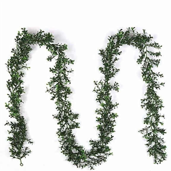 Green UV Resistant Boxwood Garland, 2-Pack 9 Foot Artificial Ivy Vine Greenery with Hanging Loops for Party, Event, & Wedding Décor