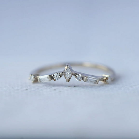 Diamond Crown Ring, 925 Sterling Silver Stackable Ring, Matching Band Ring, Marquise & Baguette Diamond Curved Ring, Bridal Set Ring