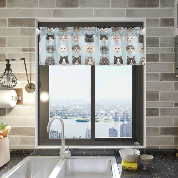 Yayeee Kitchen Valance Rod Pocket 54" x 18" Living Room Window Curtain, Cute Cat Faces