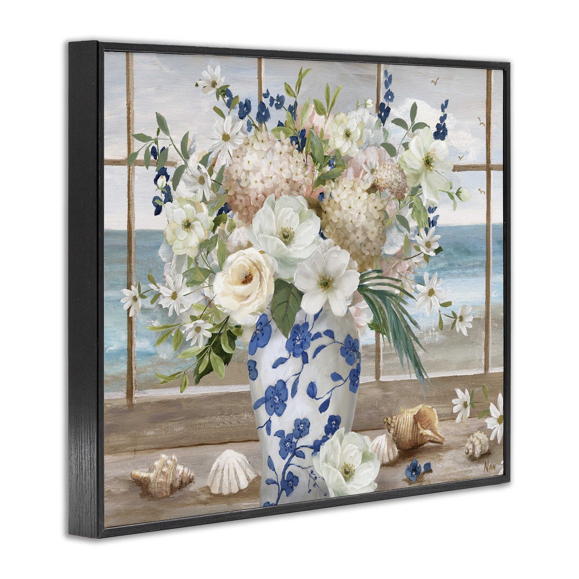 Stupell Industries Seashells & Flowers Windowsill Black Framed Giclee Art, design by Nan