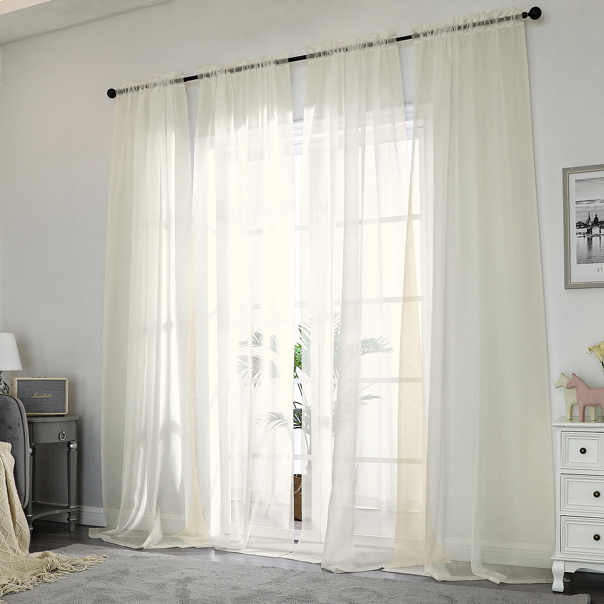 OVZME 2 Panels Solid Color Ivory Sheer Curtains 96" Length, Elegant Window Voile Panels/Draperies/Tr(图2)