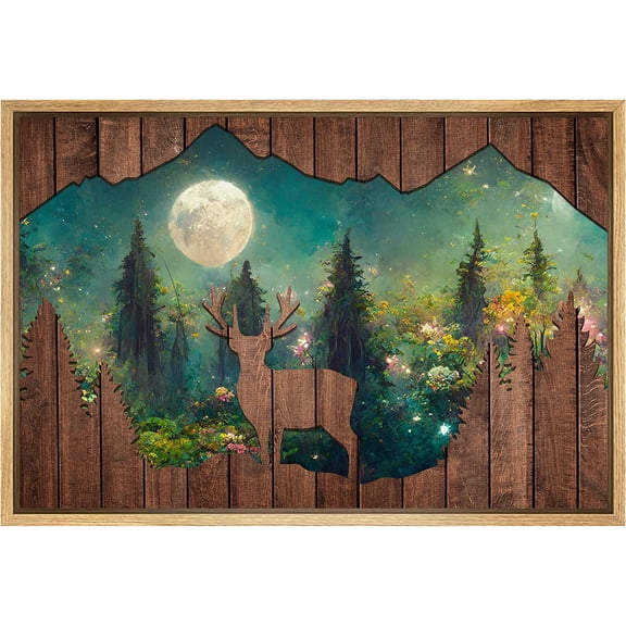 Aaheei Canvas Print Wall Art Deer Moonlight Forest LAndscape Nature Wilderness Digital Art Modern Art Farmhouse/Country Decorative for Living Room, Bedroom, Office