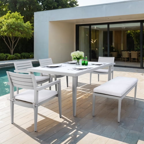 6 Piece Patio Modern Aluminum Dining Set Top Rectangle Table with Umbrella Hole   4 Dining Chairs & 1 Dining Bench with Sunbrella Cushions, Matte White/Grayish