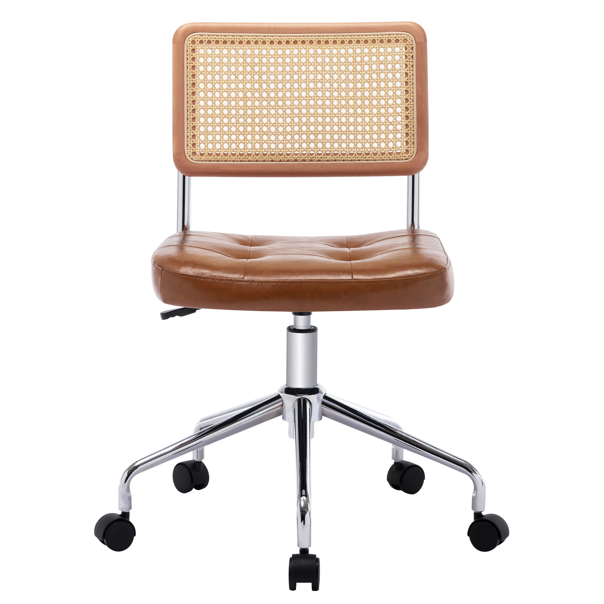 Zesthouse Mid Century Faux Leather Home Office Chair with Rattan Back, 360° Swivel Upholstered Desk Chair on Wheels, Tufted Computer Task Chair for Living Room & Office Room, Brown