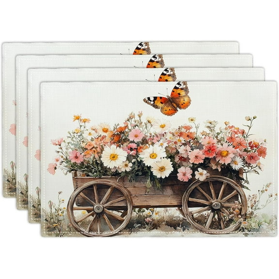 Country Flower Spring Placemats Set of 4, 12x18 Inch Farmhouse Floral Summer Table Place Mat Rustic Washable Non-Slip Heat Resistant Fabric Placement Mats for Dining Kitchen Indoor Outdoor Decor