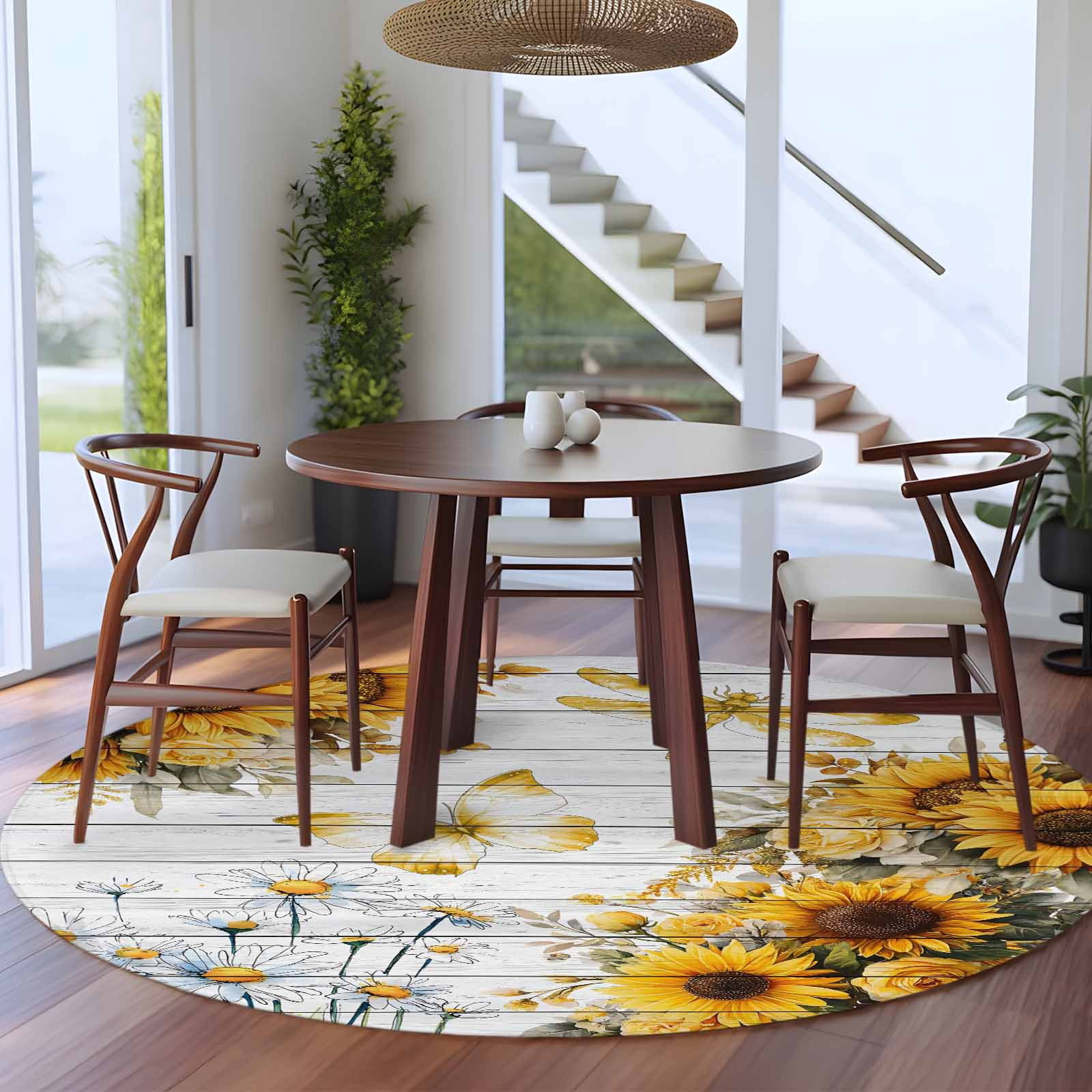 Round Rug 7Ft Washable Non-Slip, Farmhouse Sunflower Circle Area Rugs for Living Room Bedroom, Vintage Daisy Butterflies Gray Wood Indoor Floor Mats Carpet Runner for Home Decor Aesthetic